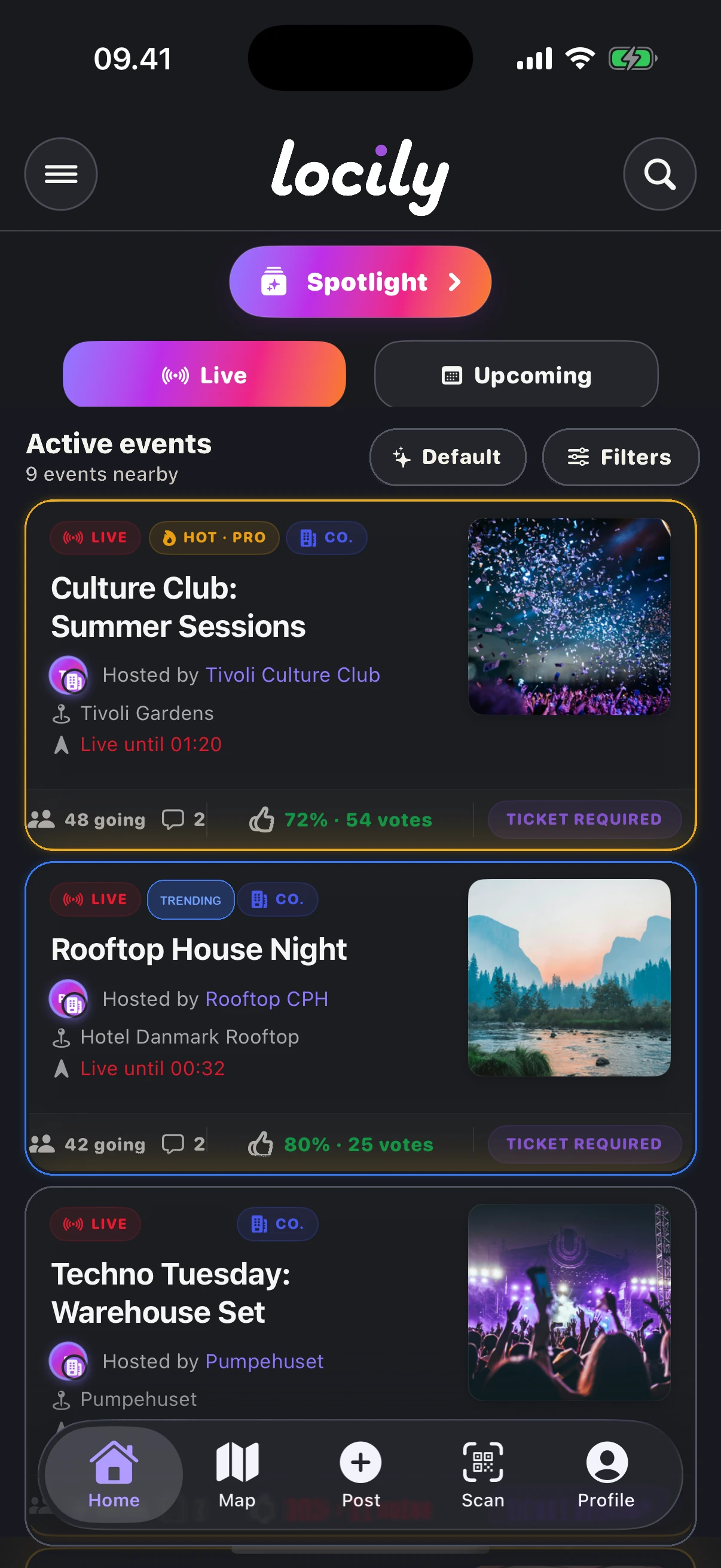 Locily All Events list with live event cards and the Spotlight switch