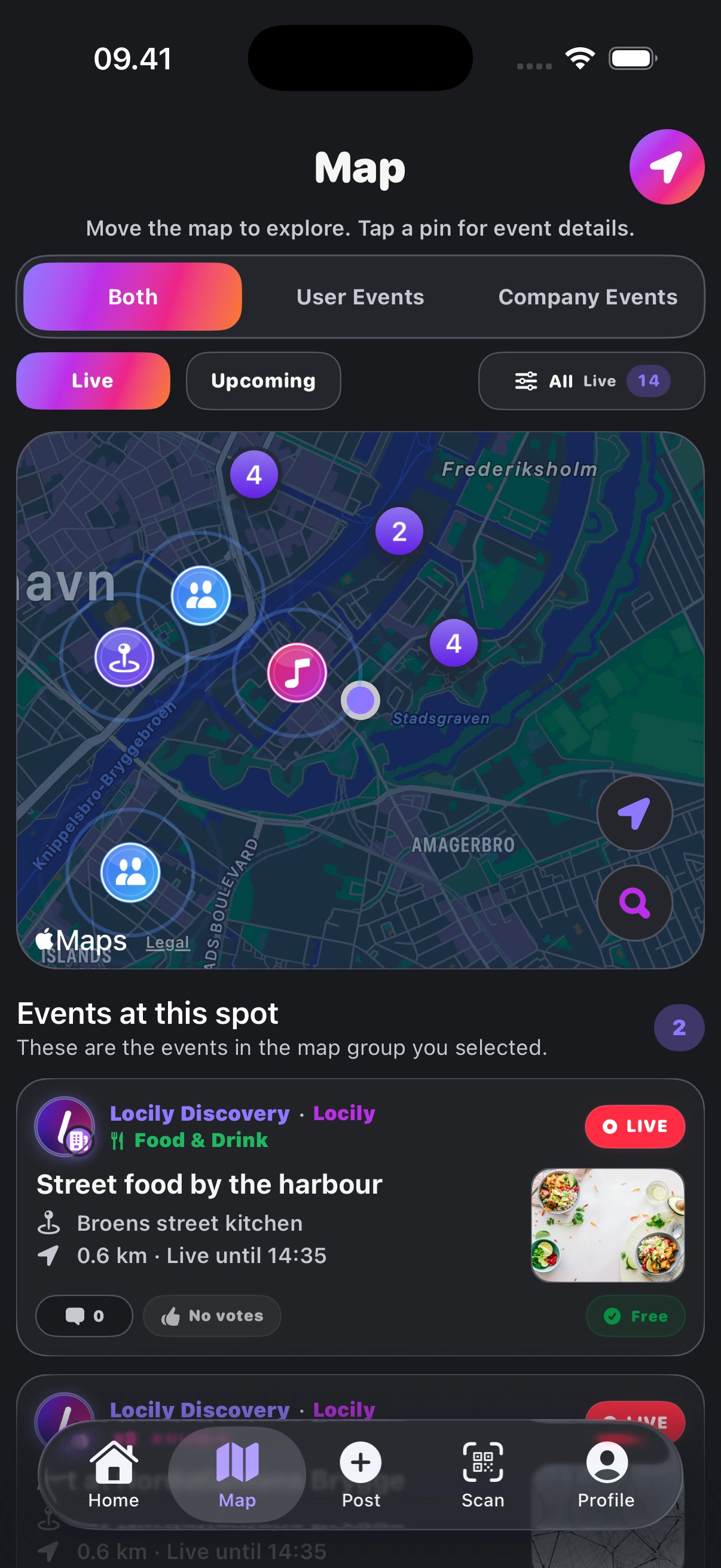 Locily map preview around Copenhagen harbour with event clusters and nearby event cards