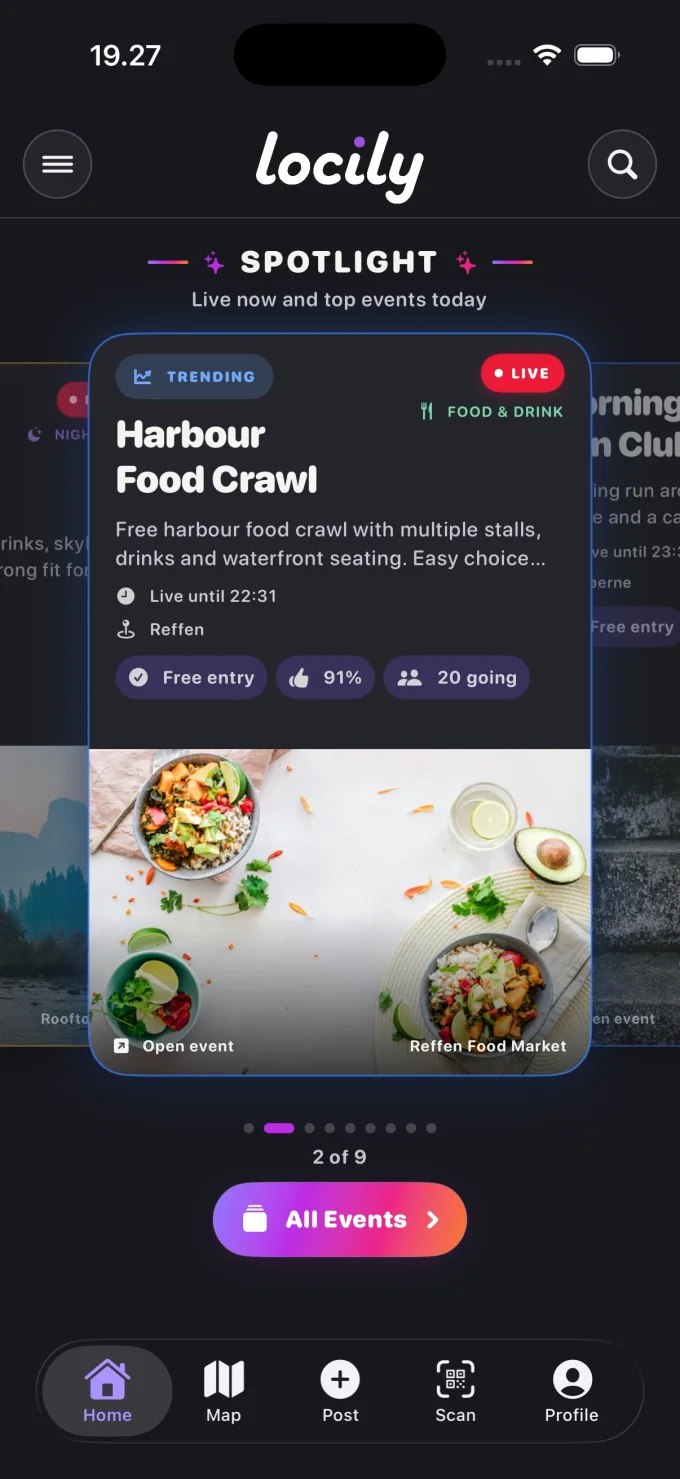 Locily Spotlight event card showing a 91 percent rating and 20 people going
